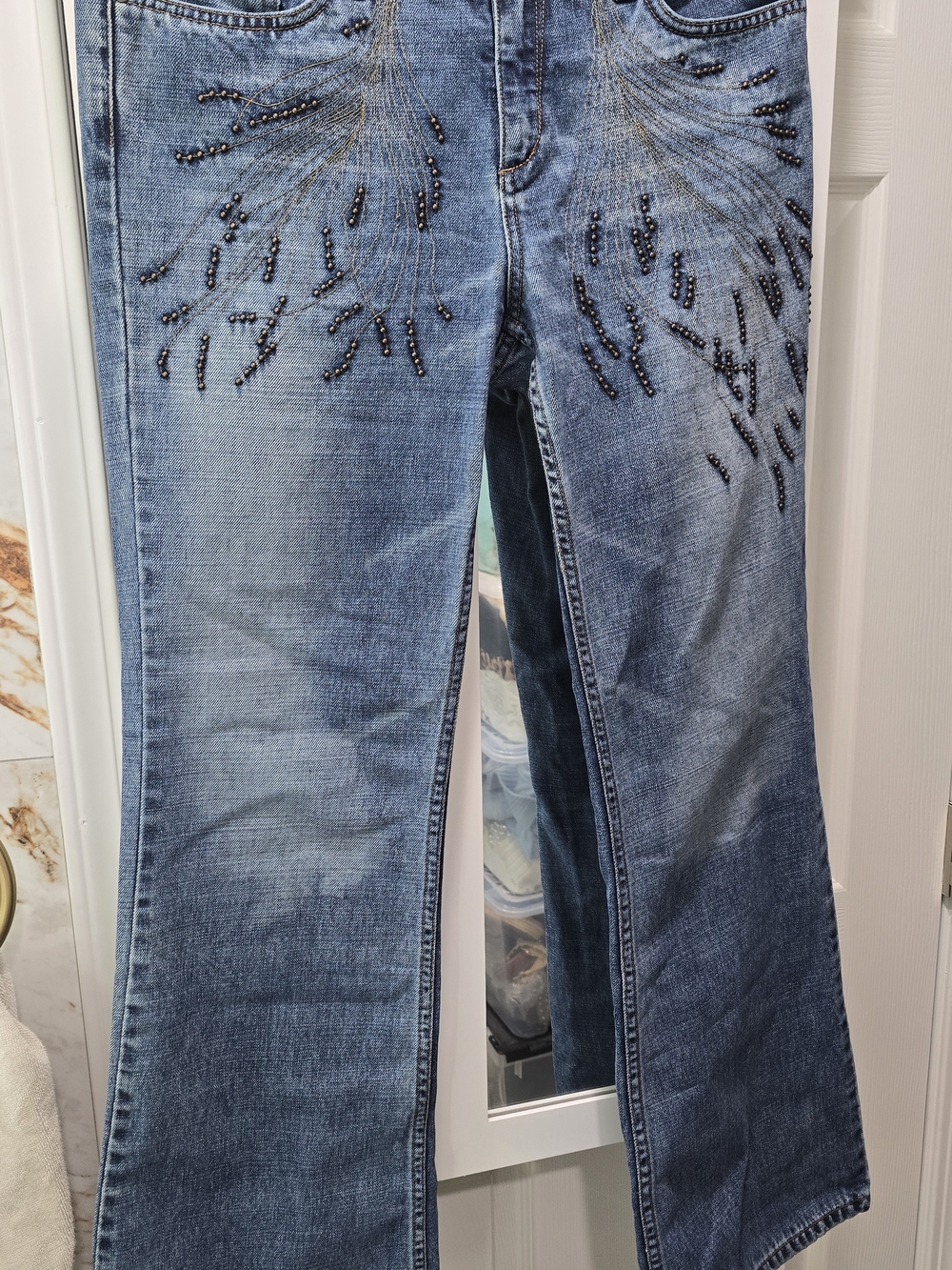 Embellished Light Blue Straight Leg Jeans. Inseam Is 30" Rise 9"  Waist 15"